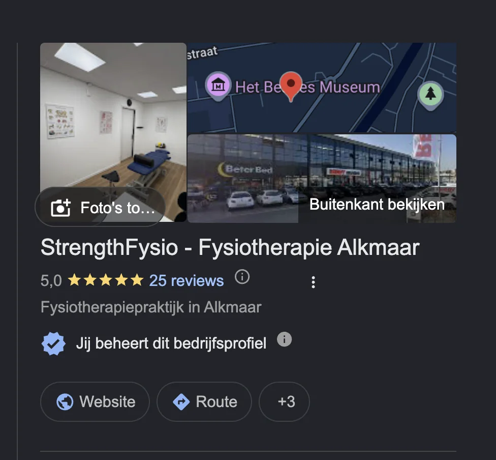 Google Bedrijfsprofiel van StrengthFysio Alkmaar met 5,0 sterren uit 25 reviews.