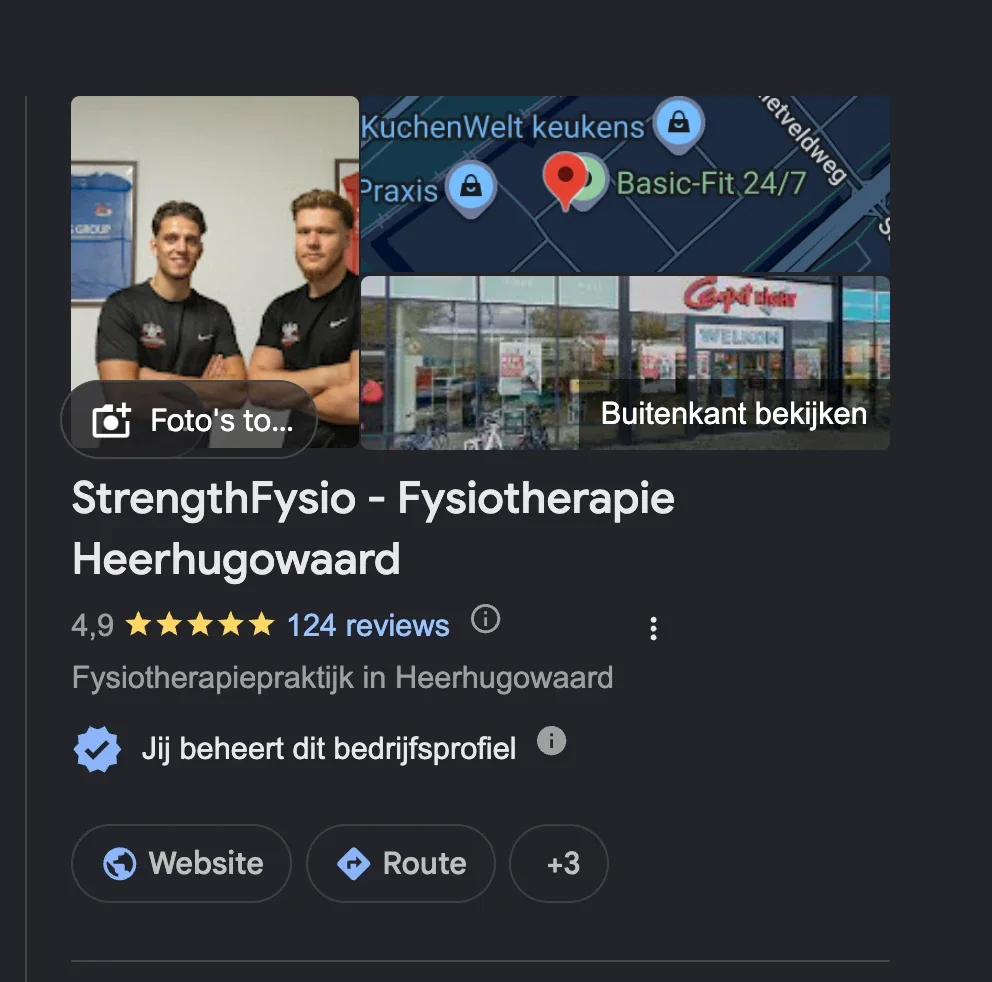 Google Bedrijfsprofiel van StrengthFysio Heerhugowaard met 4,9 sterren uit 124 reviews.