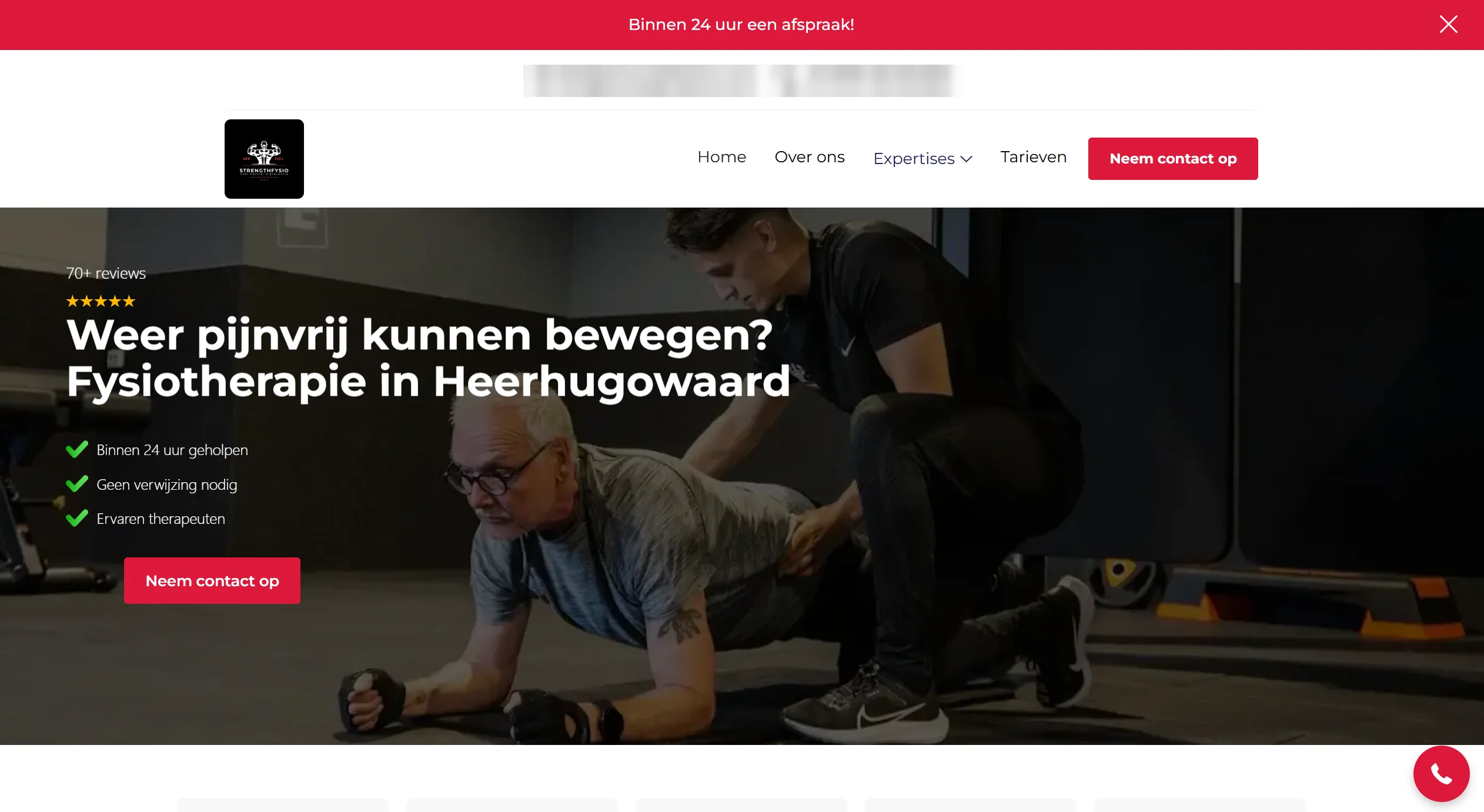 Website die wij bouwden voor een fysiopraktijk, met beoordeling, drie voordelen en een contactknop boven de vouw.